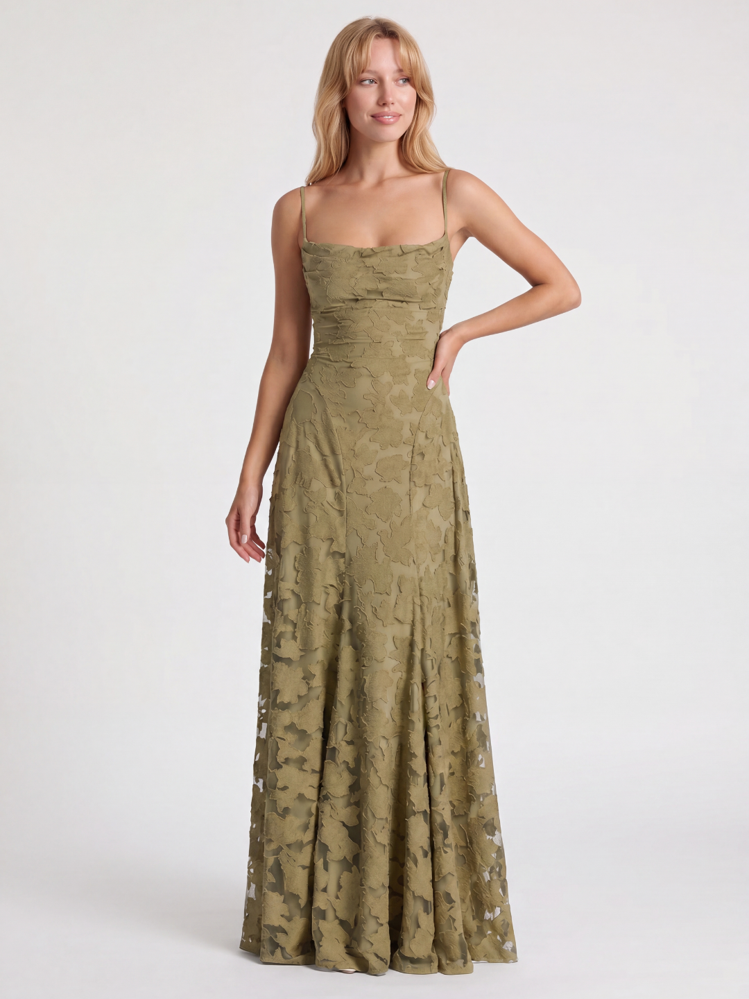 Esme cowl-neck butterfly applique lace-up maxi dress in Green — front view