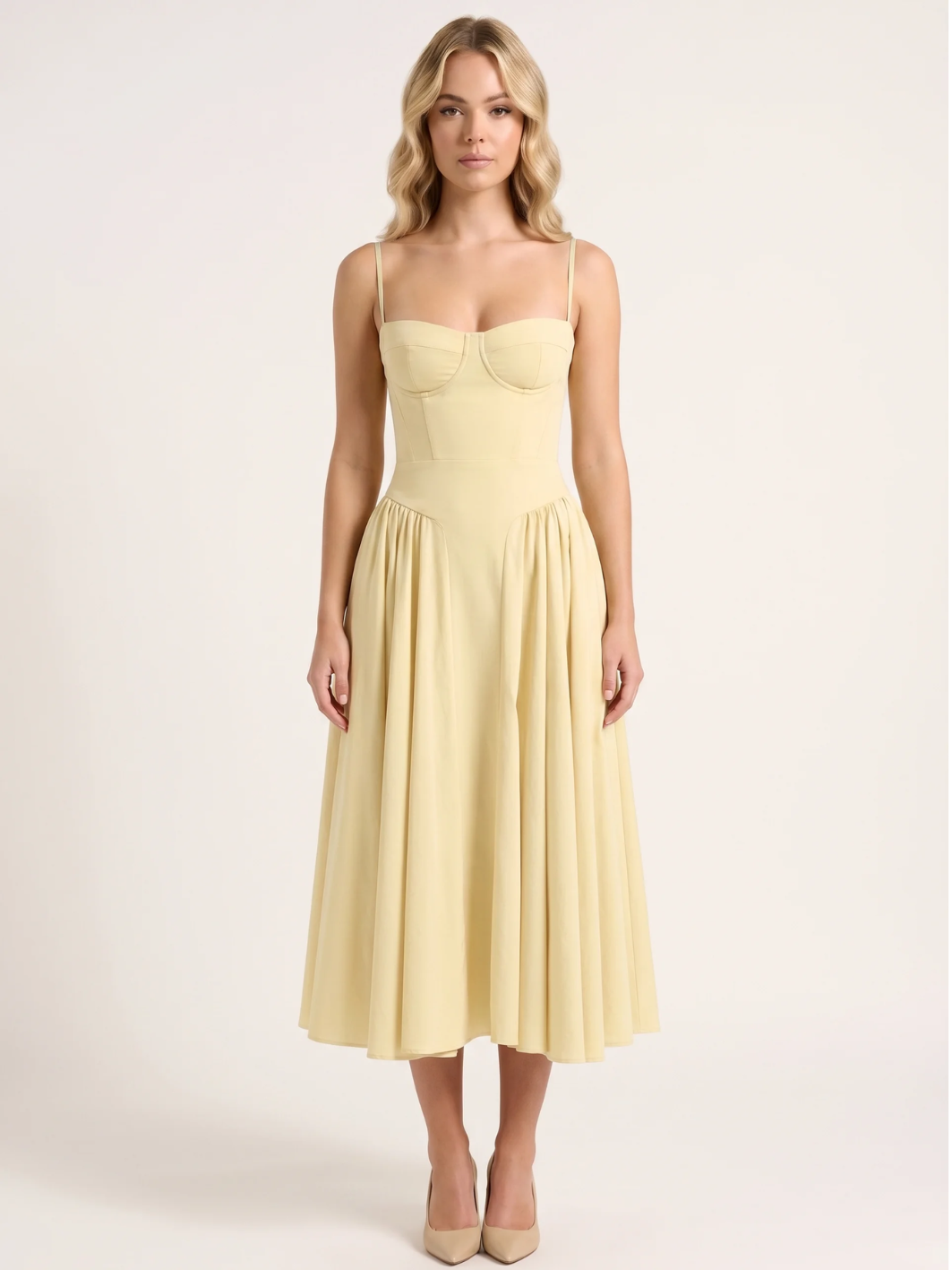 Nova strapless corset-bodice midi dress with full skirt in Light Green — side view