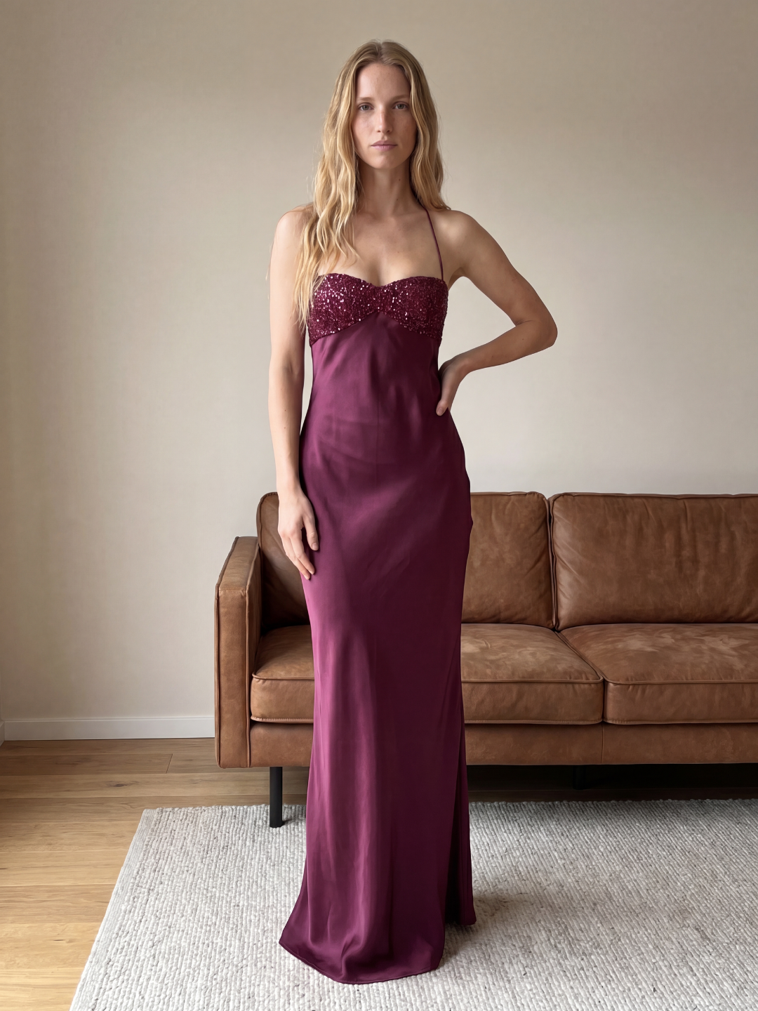 Delta sequin sweetheart satin-finish maxi dress with lace-up back — front view