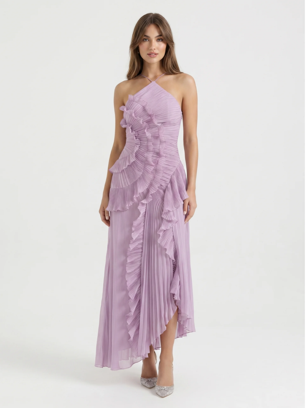 Clover pleated asymmetric ruffle maxi dress in light purple — front view
