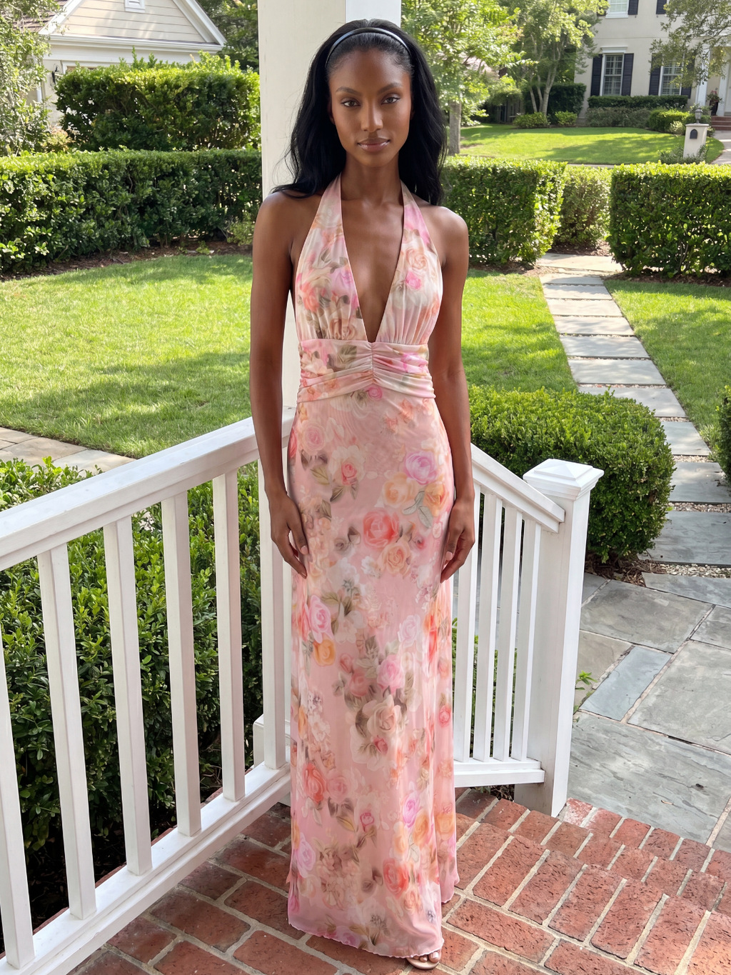 Mila floral deep V-neck halter maxi dress in Pink — side view