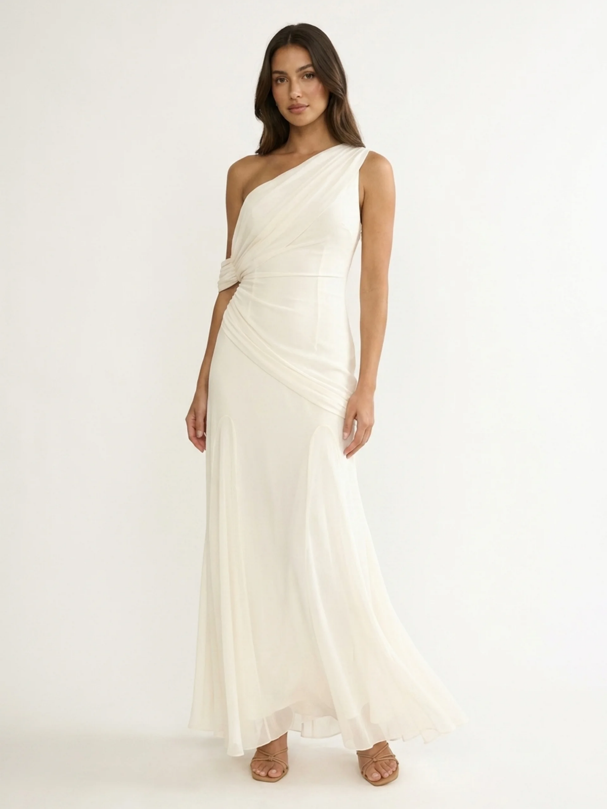 Demi asymmetric draped one-shoulder maxi gown in white — front view
