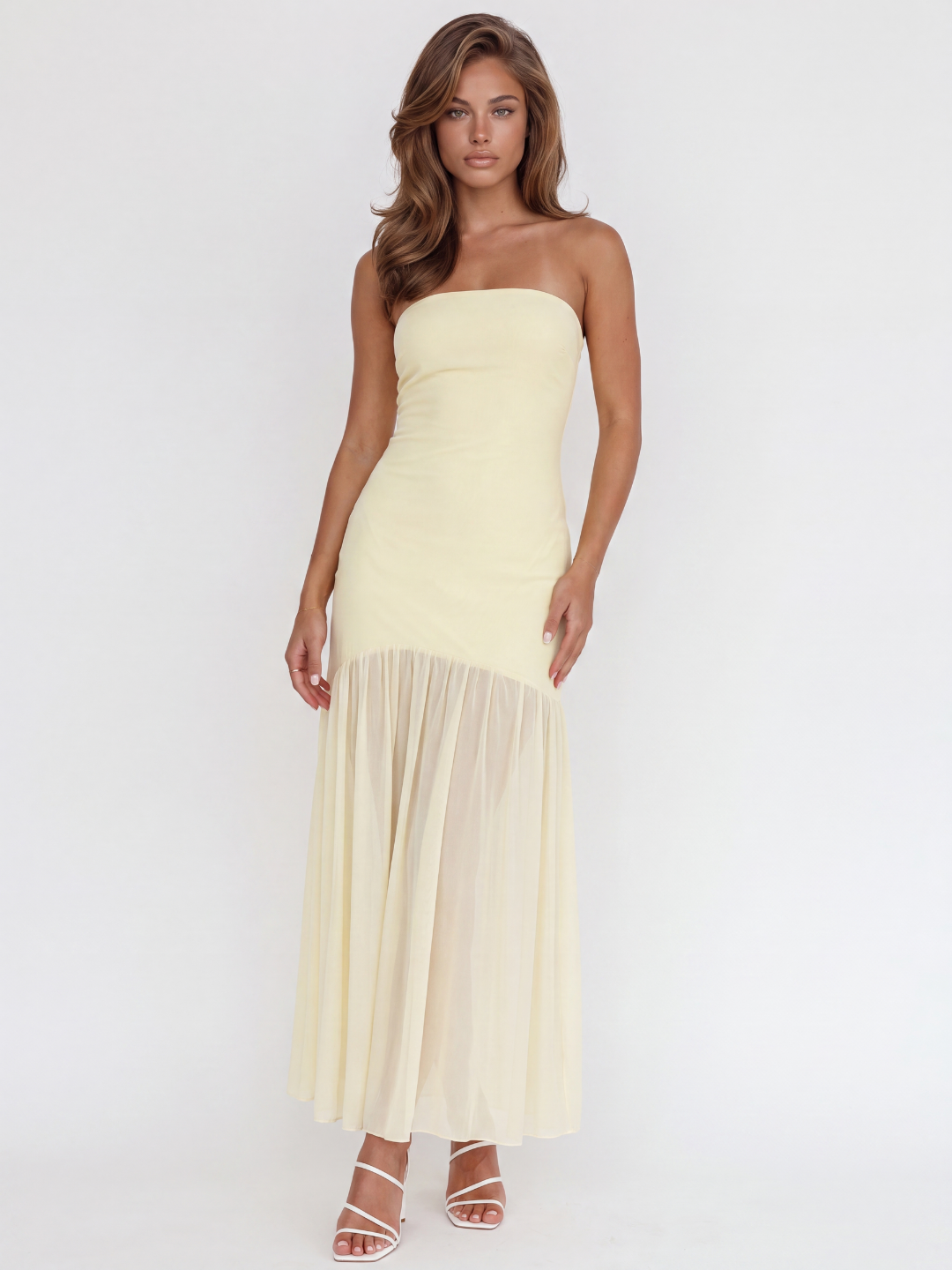 Honor strapless sheer-hem drop-waist midi dress in light yellow — front view