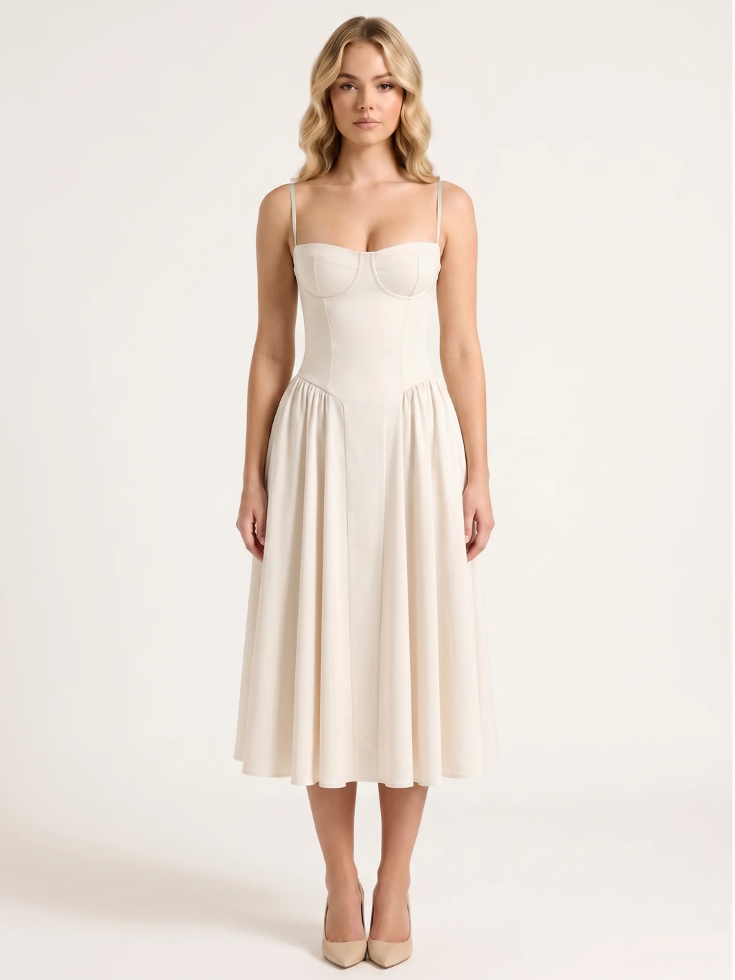 Nova strapless corset-bodice midi dress with full skirt in Light Green — back view