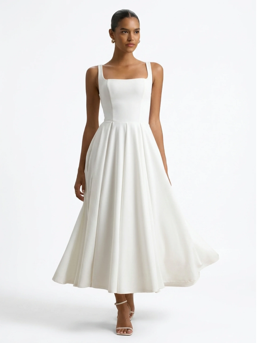 Tessa strappy volume-hem midi dress in White — front view