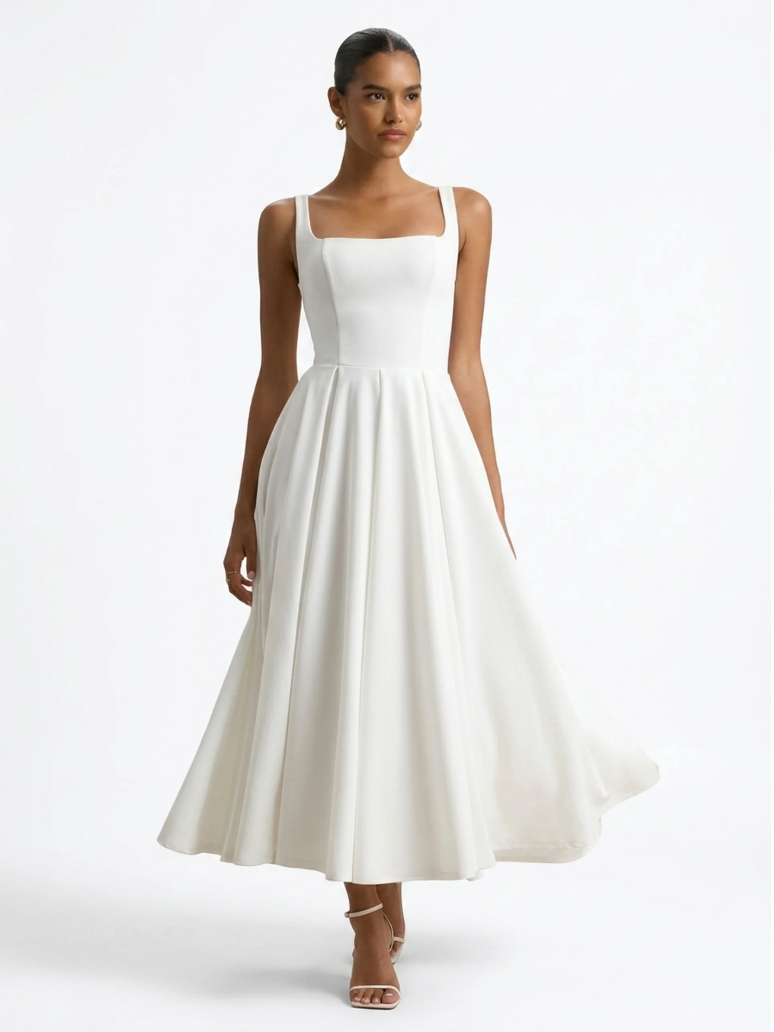 Tessa strappy volume-hem midi dress in White — front view