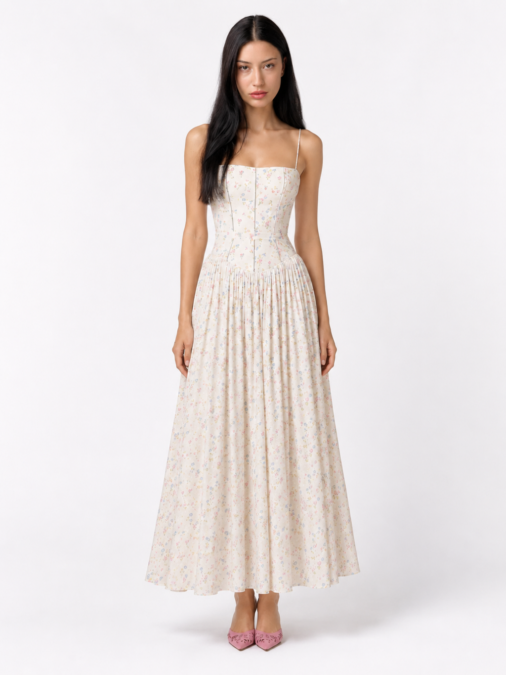 Ines floral corset drop-waist midi dress in cream — front view
