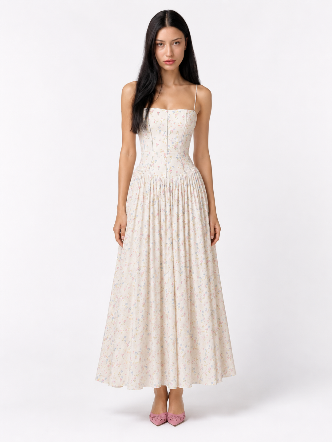 Ines floral corset drop-waist midi dress in cream — front view