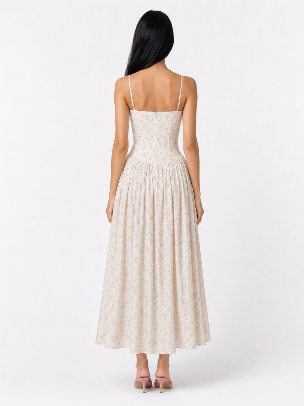 Ines floral corset drop-waist midi dress in cream — back view