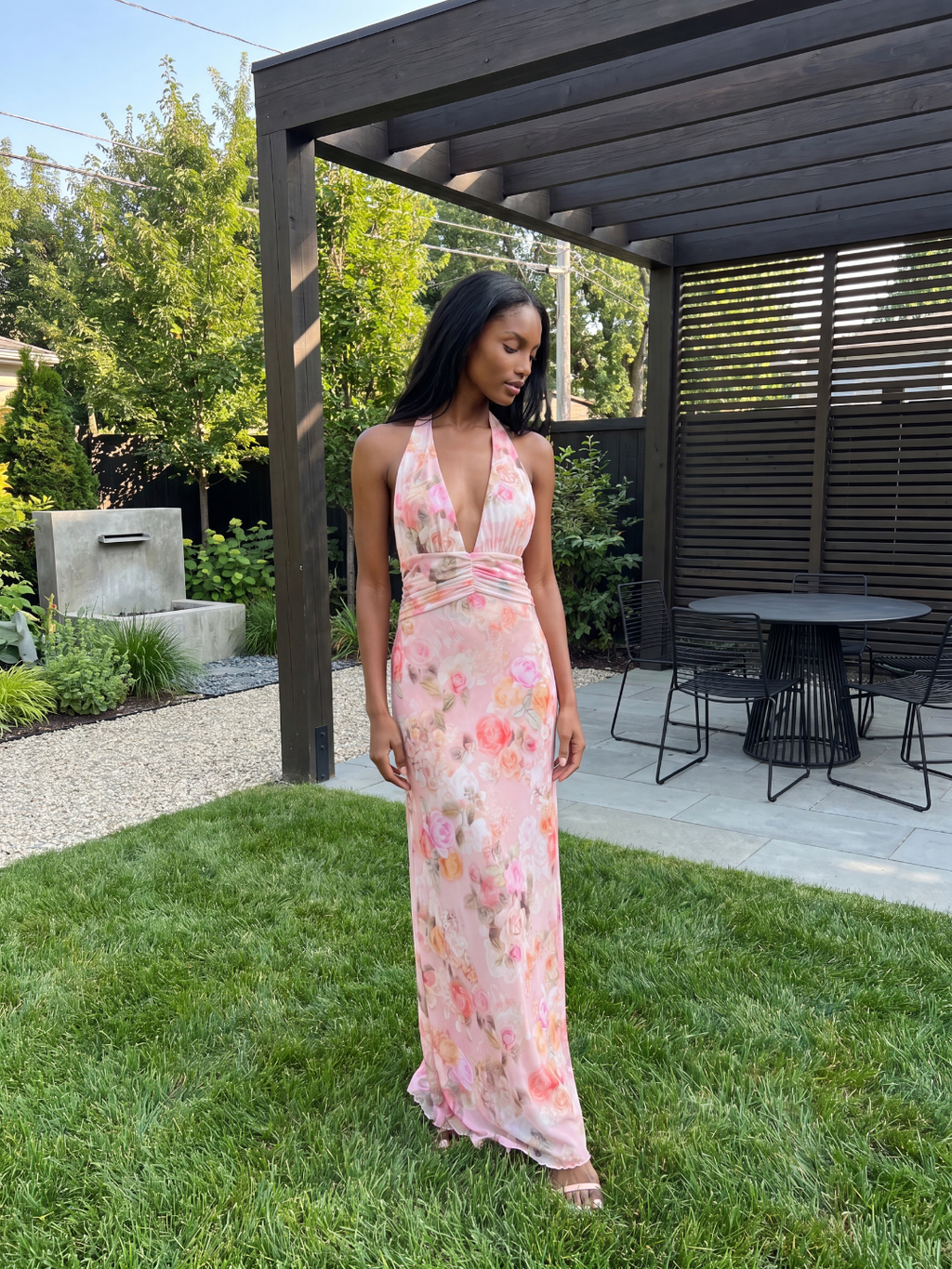 Mila floral deep V-neck halter maxi dress in Pink — detail view