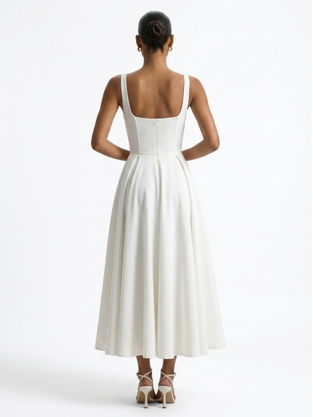 Tessa strappy volume-hem midi dress in White — back view