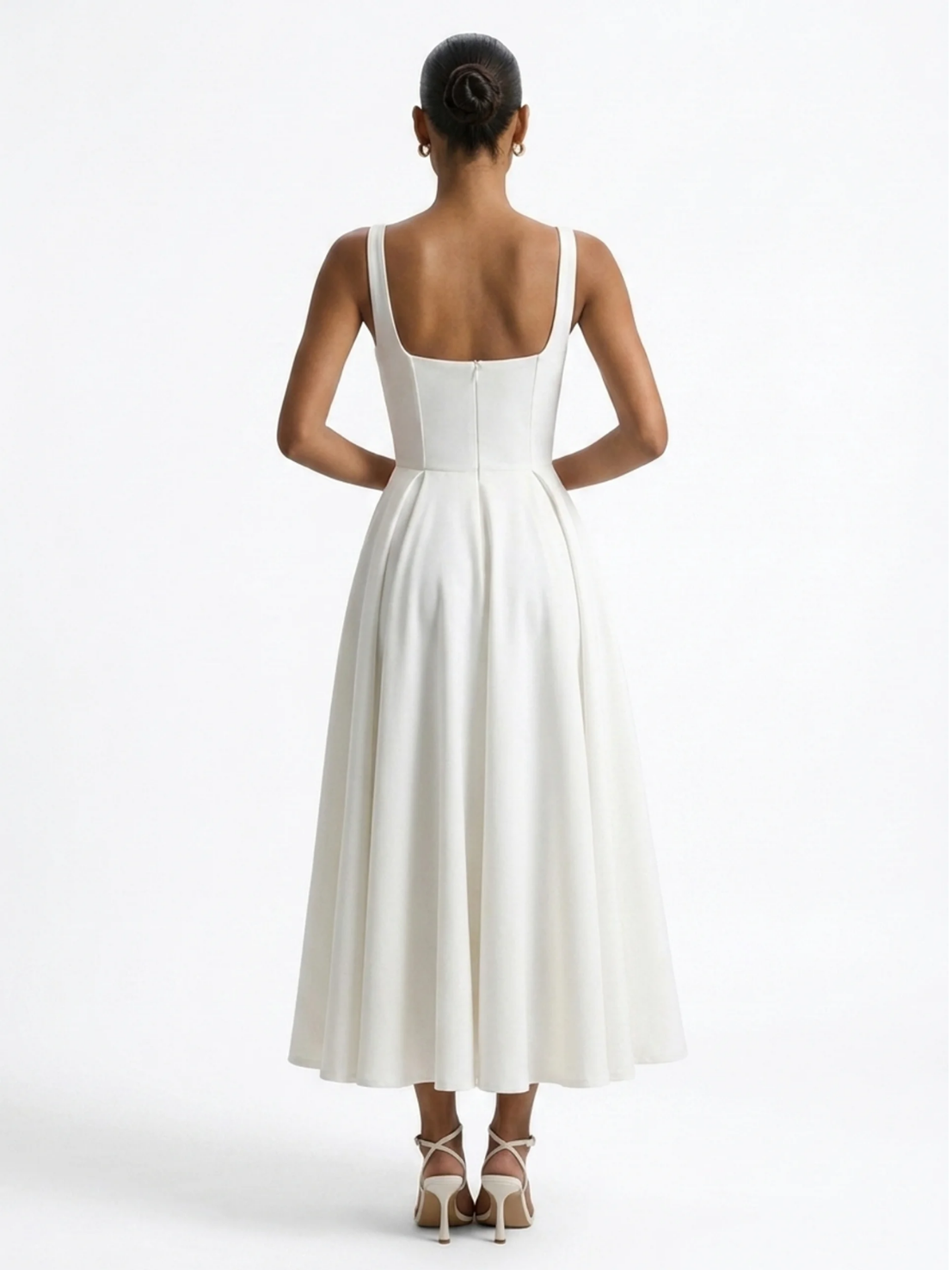 Tessa strappy volume-hem midi dress in White — back view