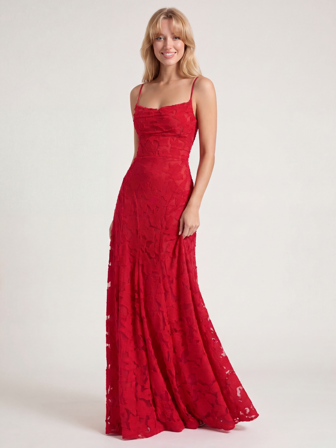 Esme cowl-neck butterfly applique lace-up maxi dress in White — back view