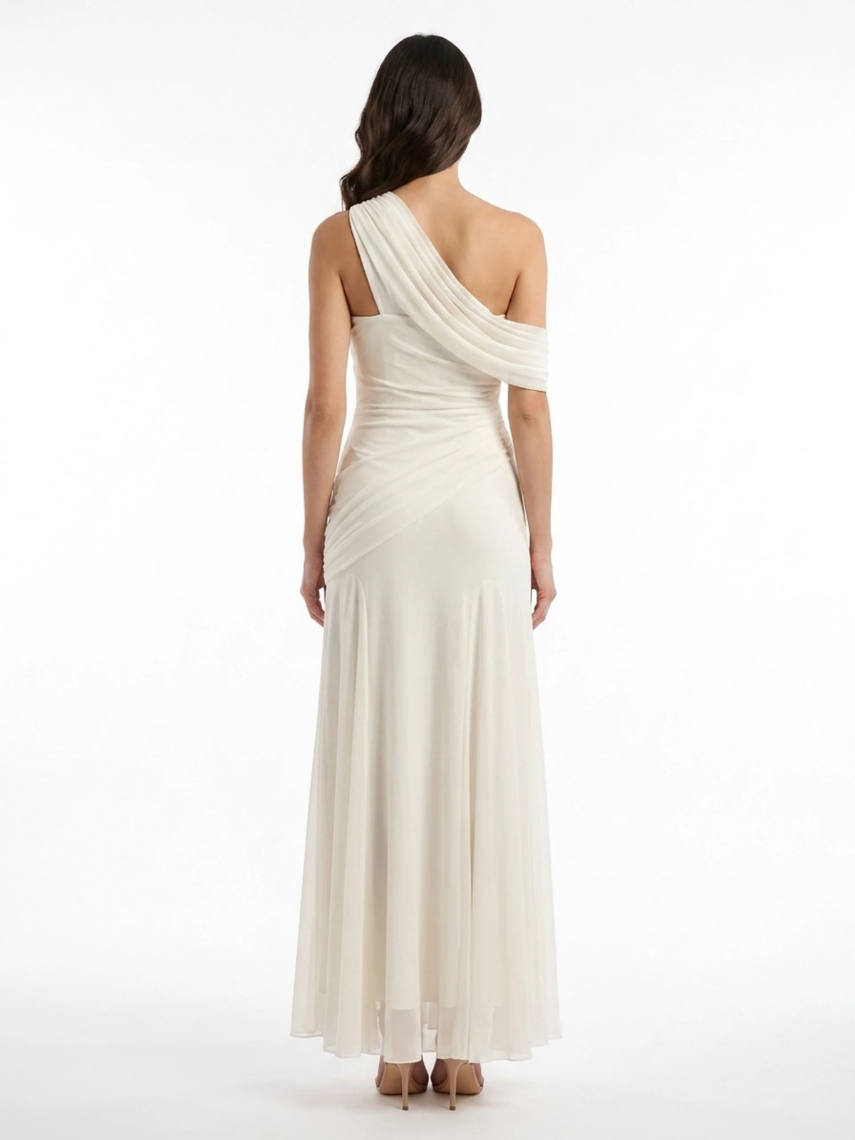 Demi asymmetric draped one-shoulder maxi gown in white — back view