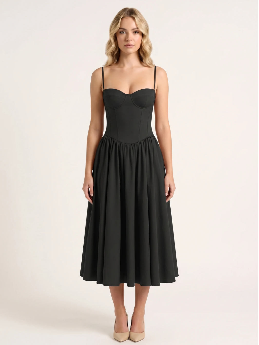 Nova strapless corset-bodice midi dress with full skirt in Light Green — detail view