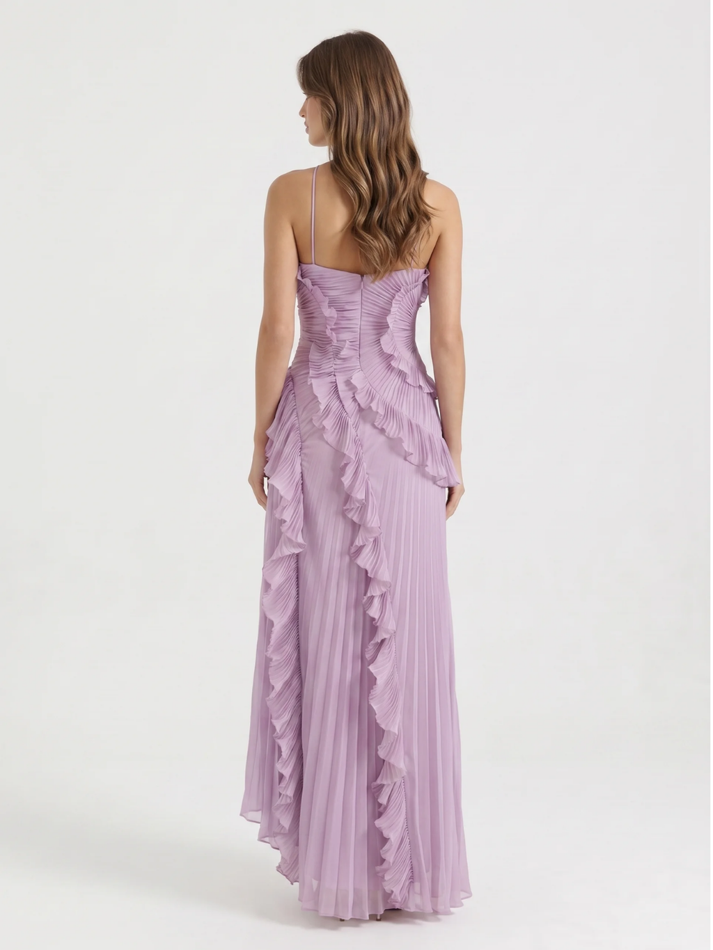 Clover pleated asymmetric ruffle maxi dress in light purple — back view