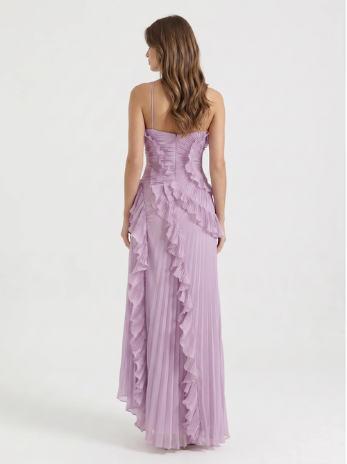 Clover pleated asymmetric ruffle maxi dress in light purple — back view