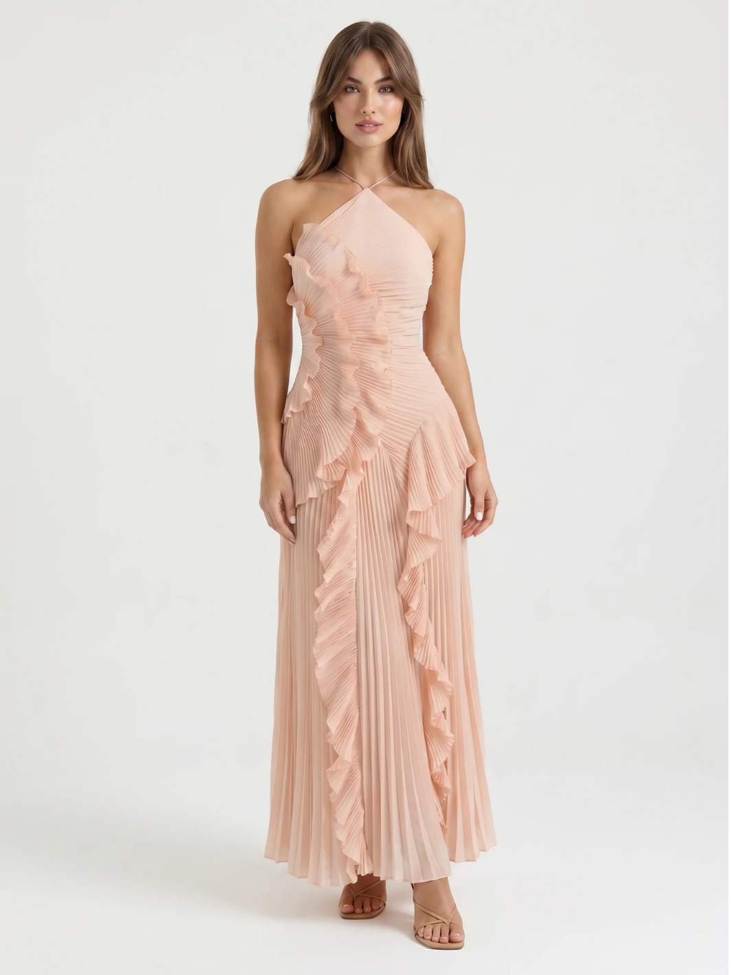 Clover pleated asymmetric ruffle maxi dress in white — back view