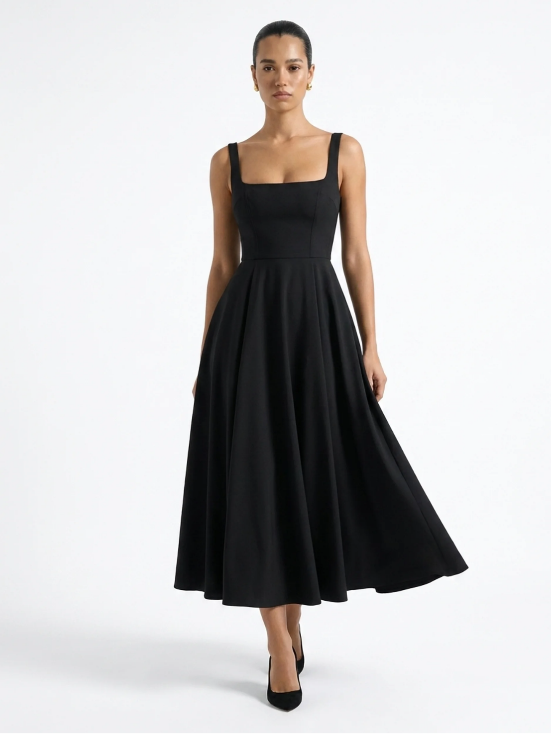 Tessa strappy volume-hem midi dress in Red — back view