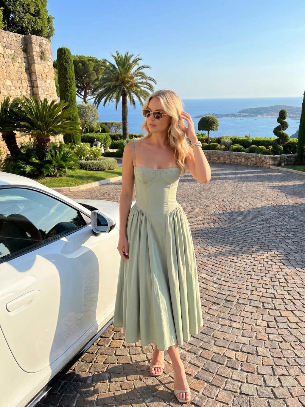 Nova strapless corset-bodice midi dress with full skirt in Light Green — side view