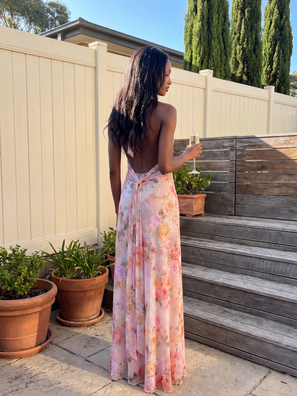 Mila floral deep V-neck halter maxi dress in Pink — full-length view