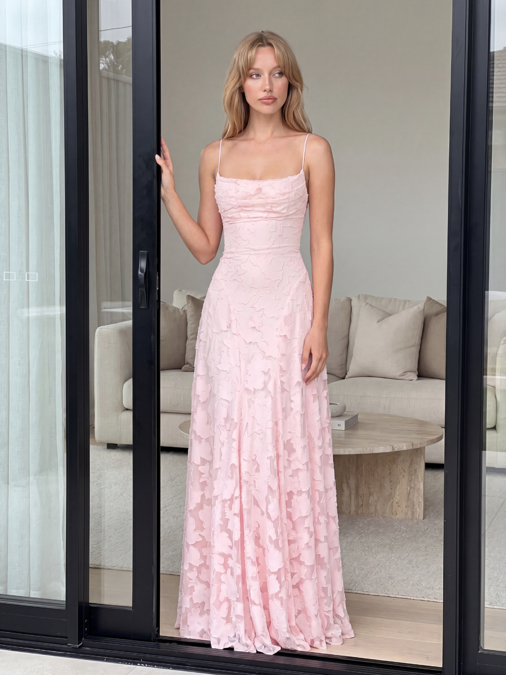 Esme cowl-neck butterfly applique lace-up maxi dress in Red — front view