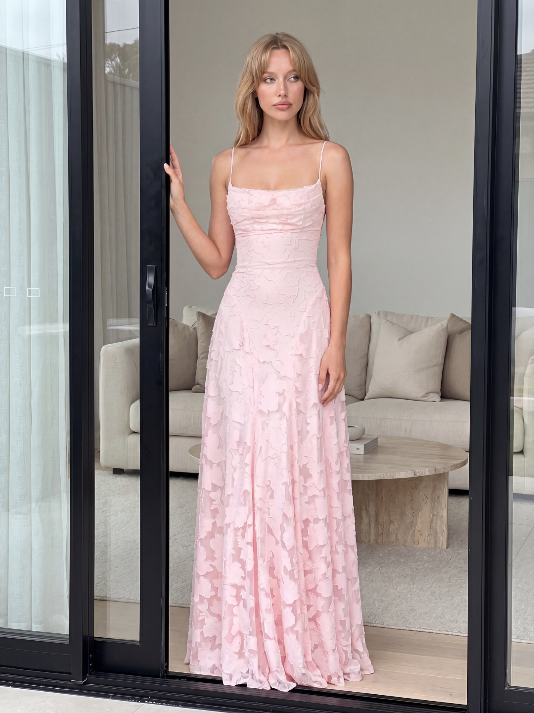 Esme cowl-neck butterfly applique lace-up maxi dress in Red — front view