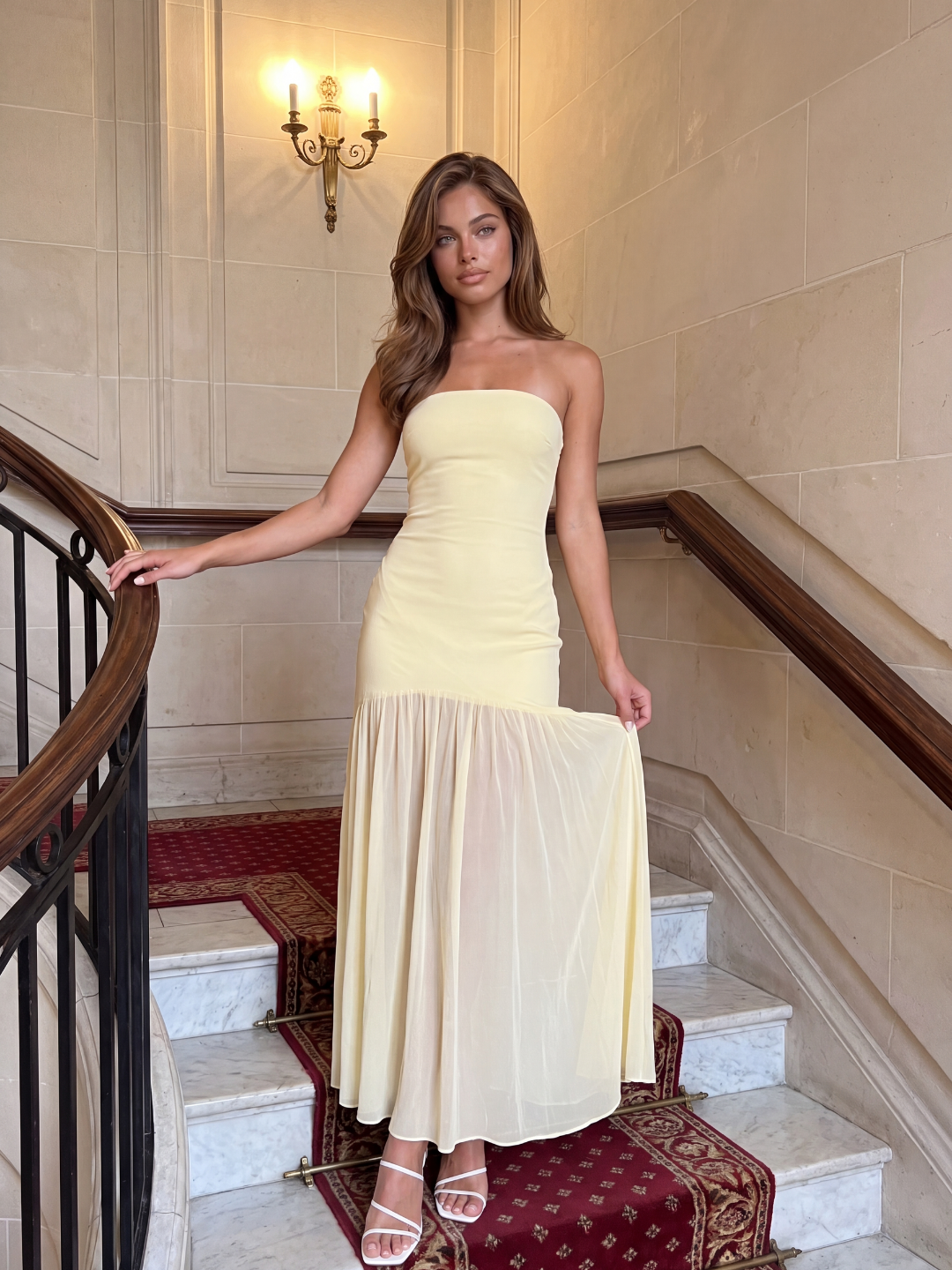 Honor strapless sheer-hem drop-waist midi dress in light yellow — side view