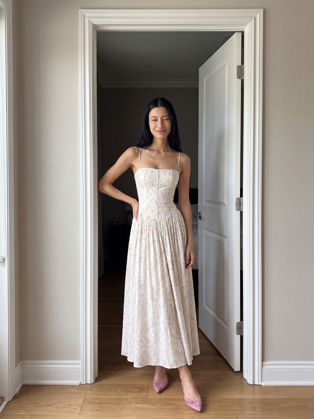 Ines floral corset drop-waist midi dress in cream — side view