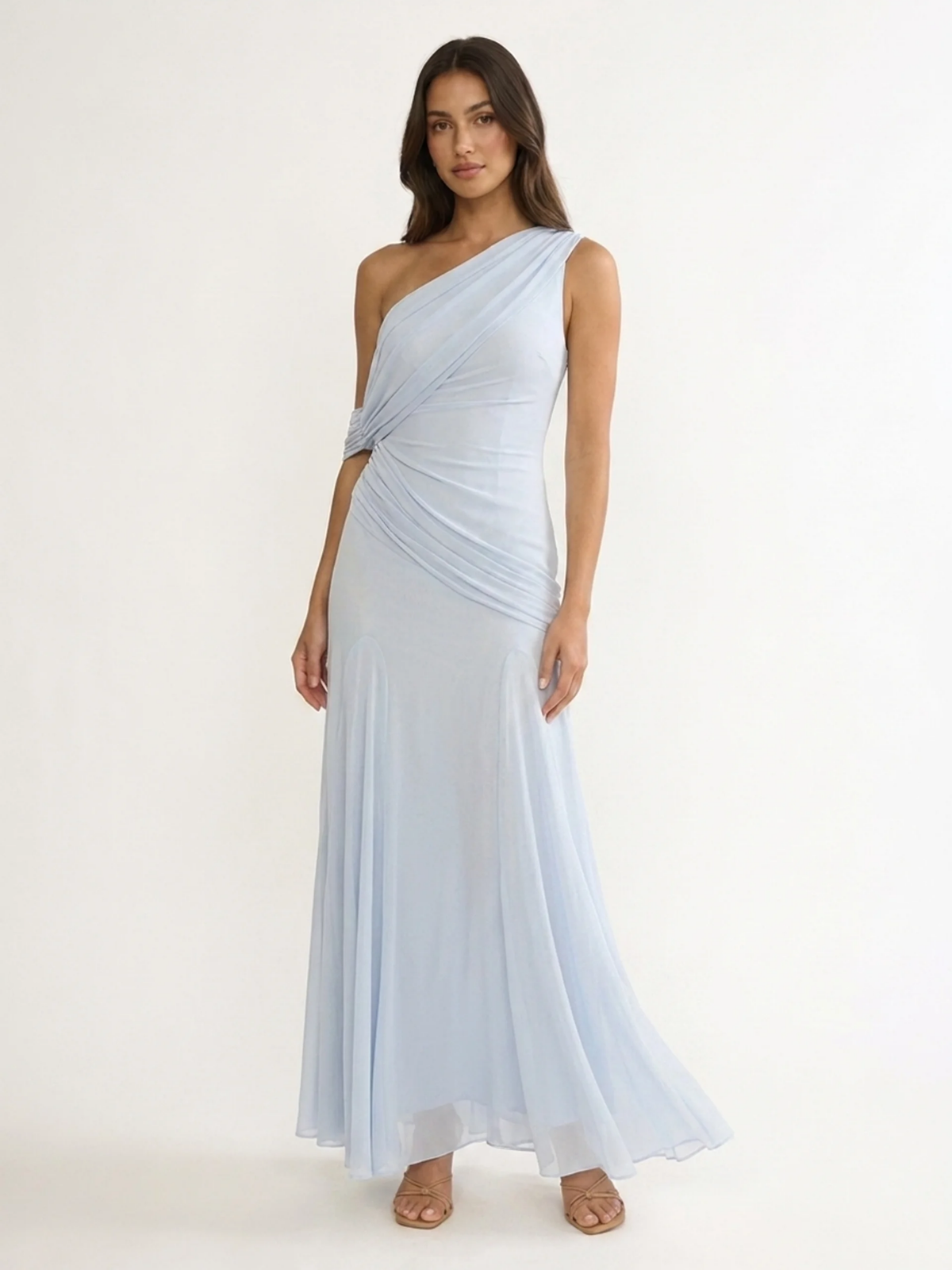 Demi asymmetric draped one-shoulder maxi gown in light blue — side view