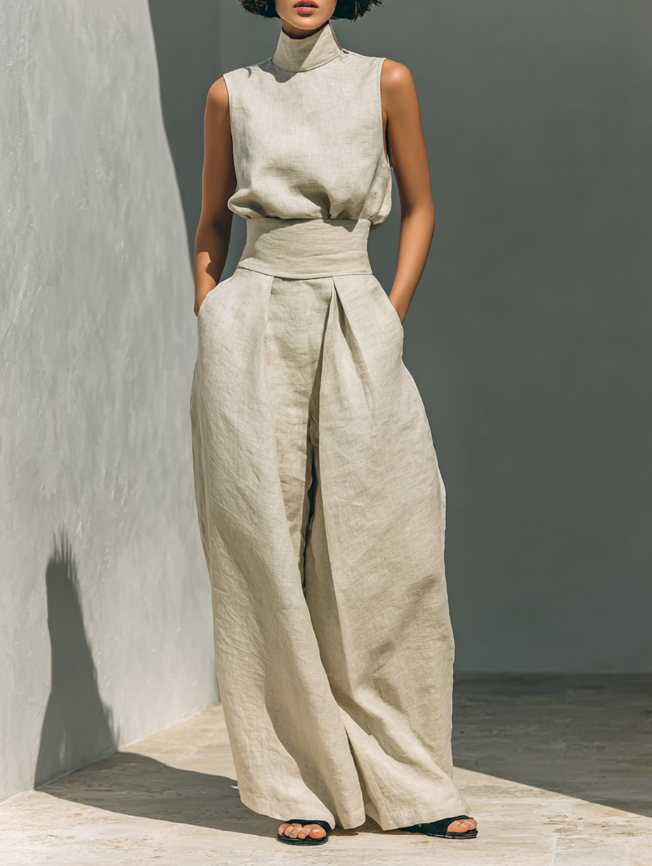 Clara | Cotton Linen Sleeveless Top and Wide Leg Pants Set