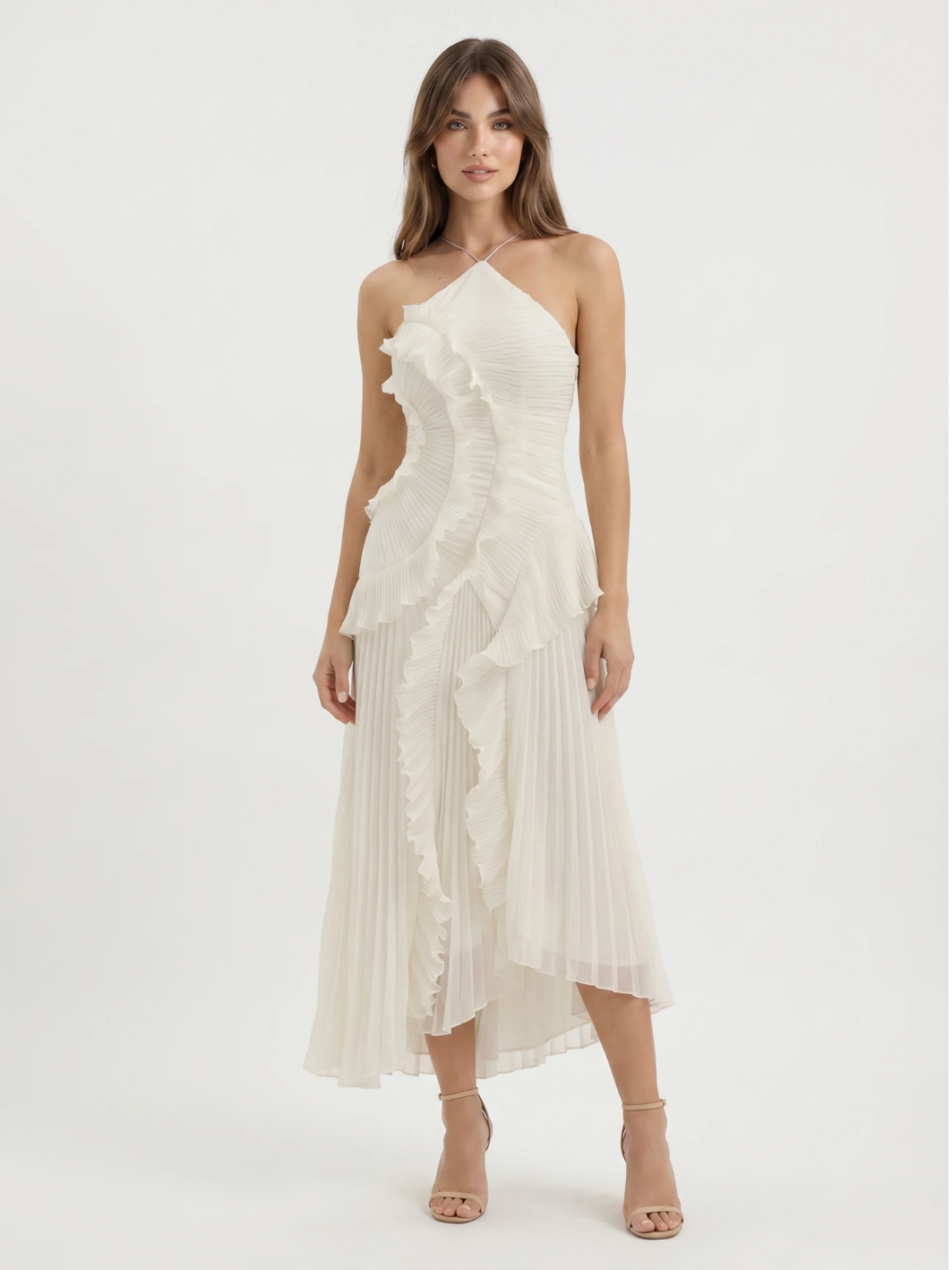Clover pleated asymmetric ruffle maxi dress in yellow — front view