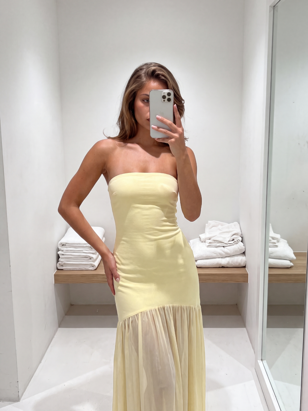 Honor strapless sheer-hem drop-waist midi dress in light yellow — detail view