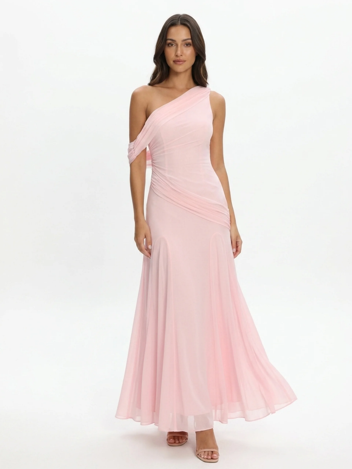 Demi asymmetric draped one-shoulder maxi gown in light blue — front view