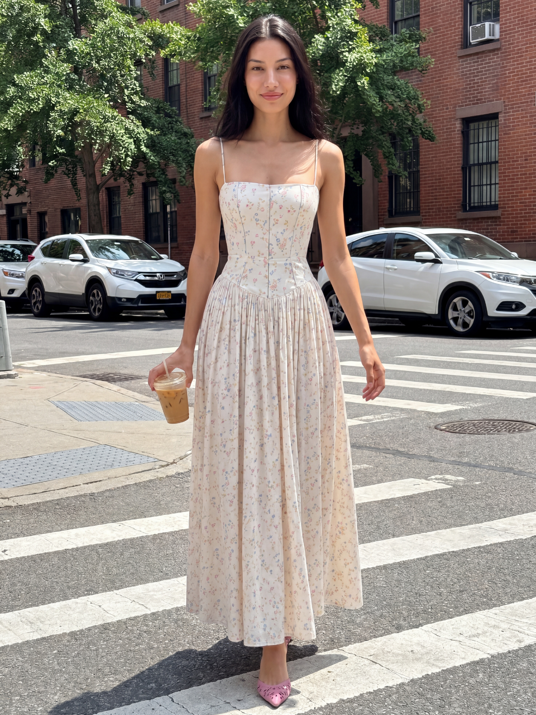 Ines floral corset drop-waist midi dress in cream — detail view