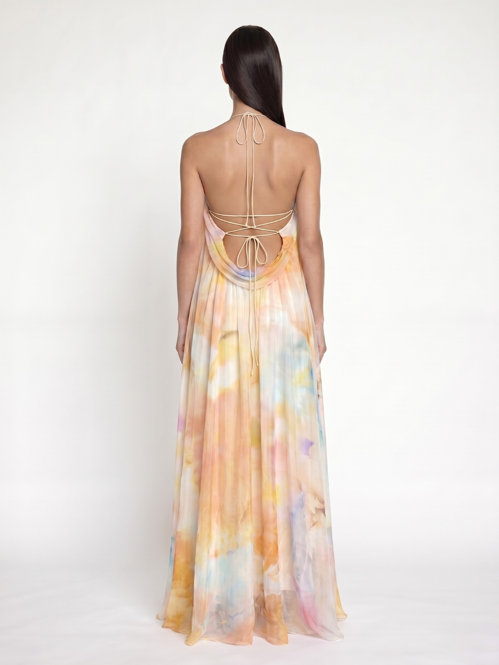 Delphi printed halter backless maxi dress in orange — back view