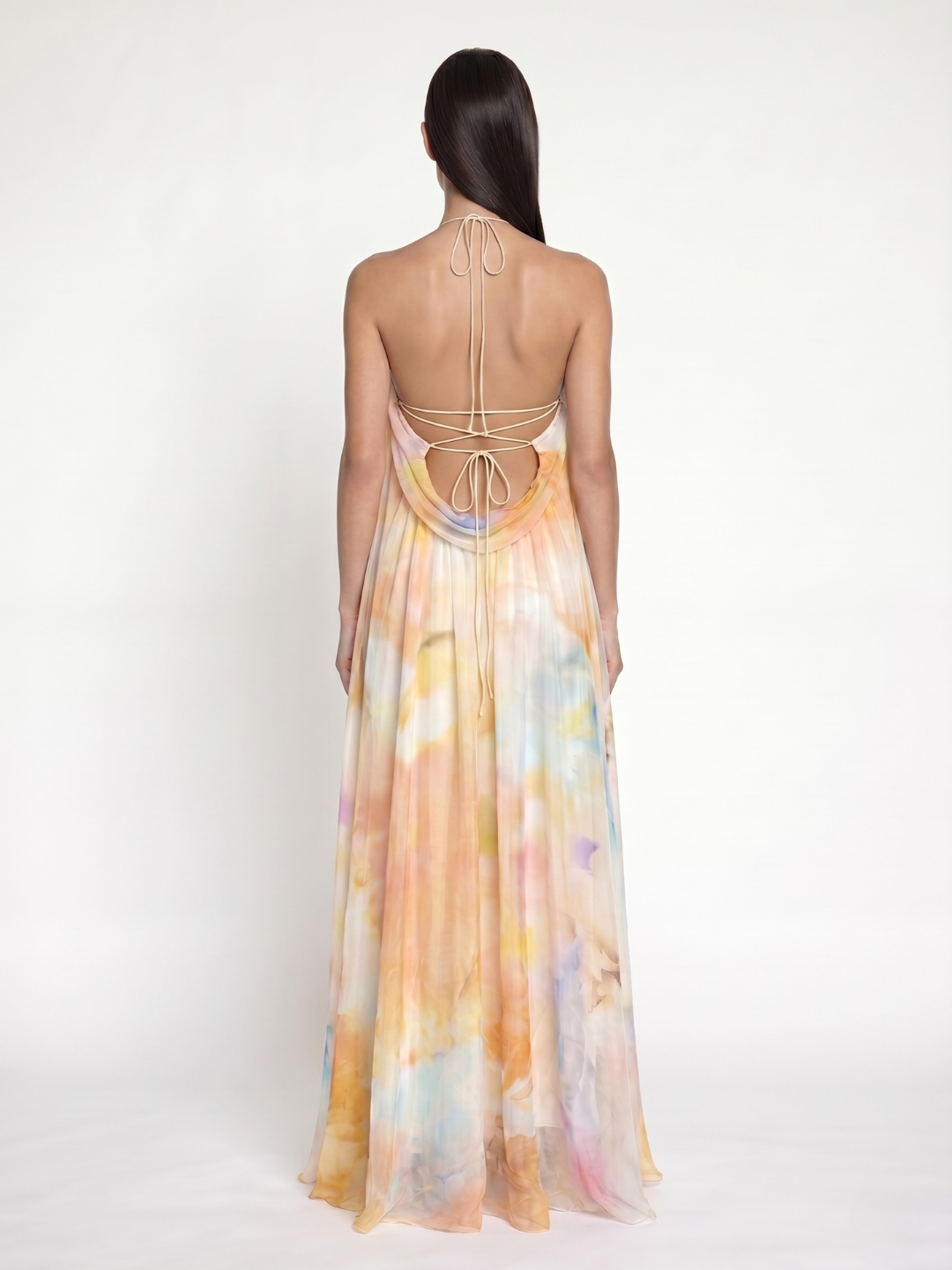 Delphi printed halter backless maxi dress in orange — back view