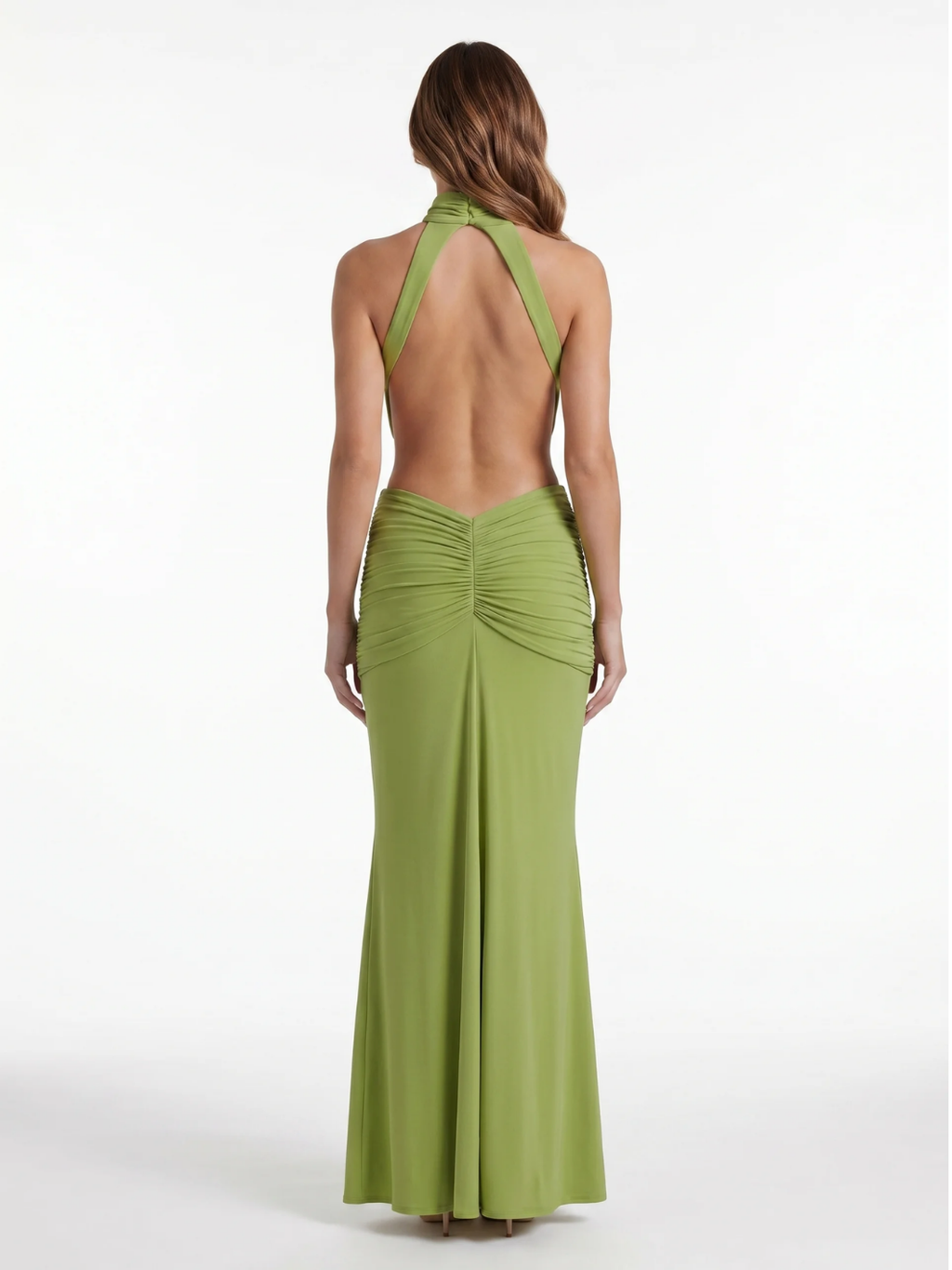 Harper halter neck side-cutout ruched maxi dress — back view
