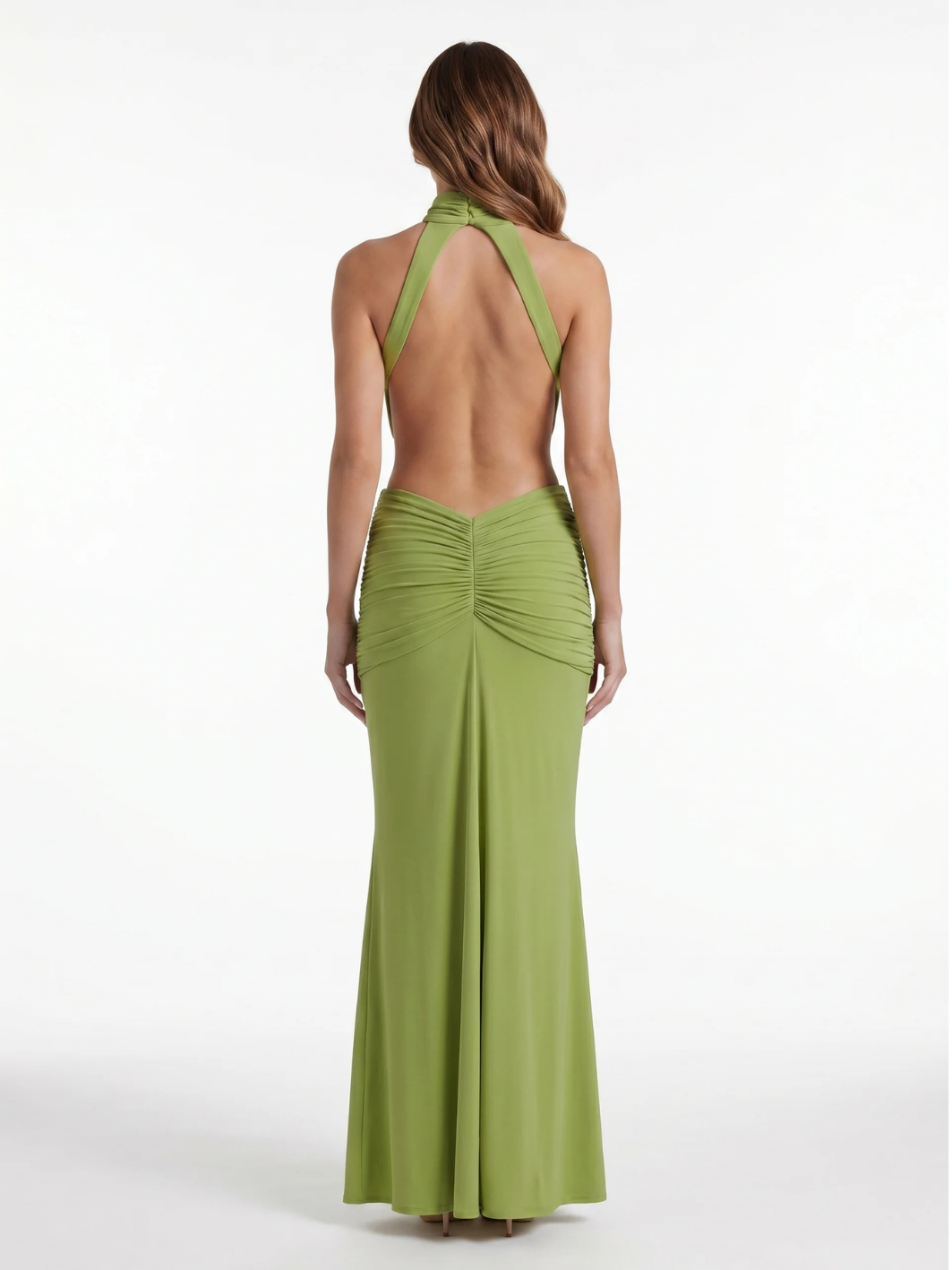 Harper halter neck side-cutout ruched maxi dress — back view