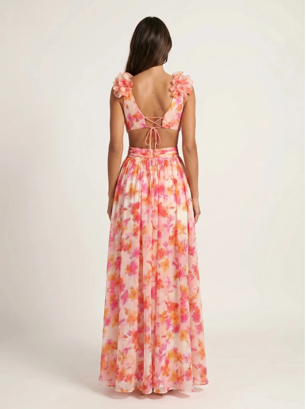 Lark floral plunge cut-out chiffon maxi dress in Orange — back view