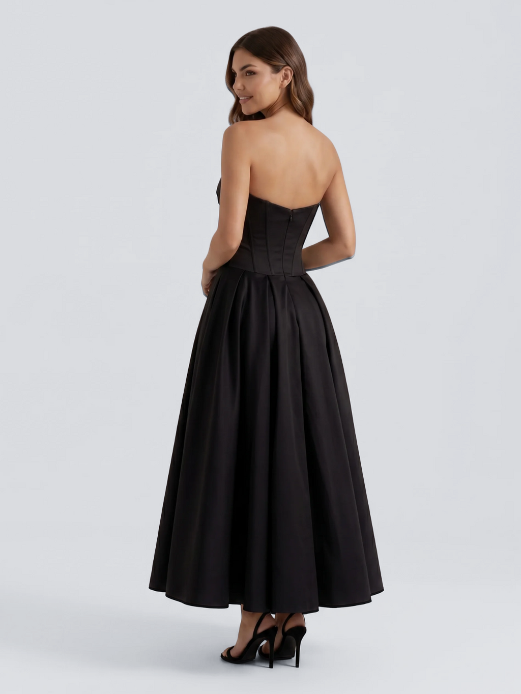 Saskia strapless sweetheart midi dress with full skirt in Black — back view