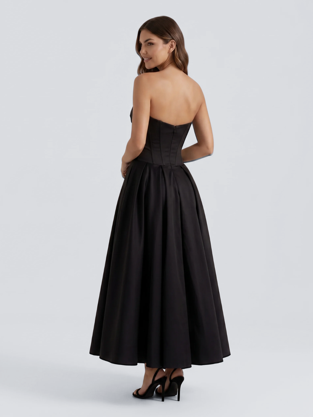 Saskia strapless sweetheart midi dress with full skirt in Black — back view