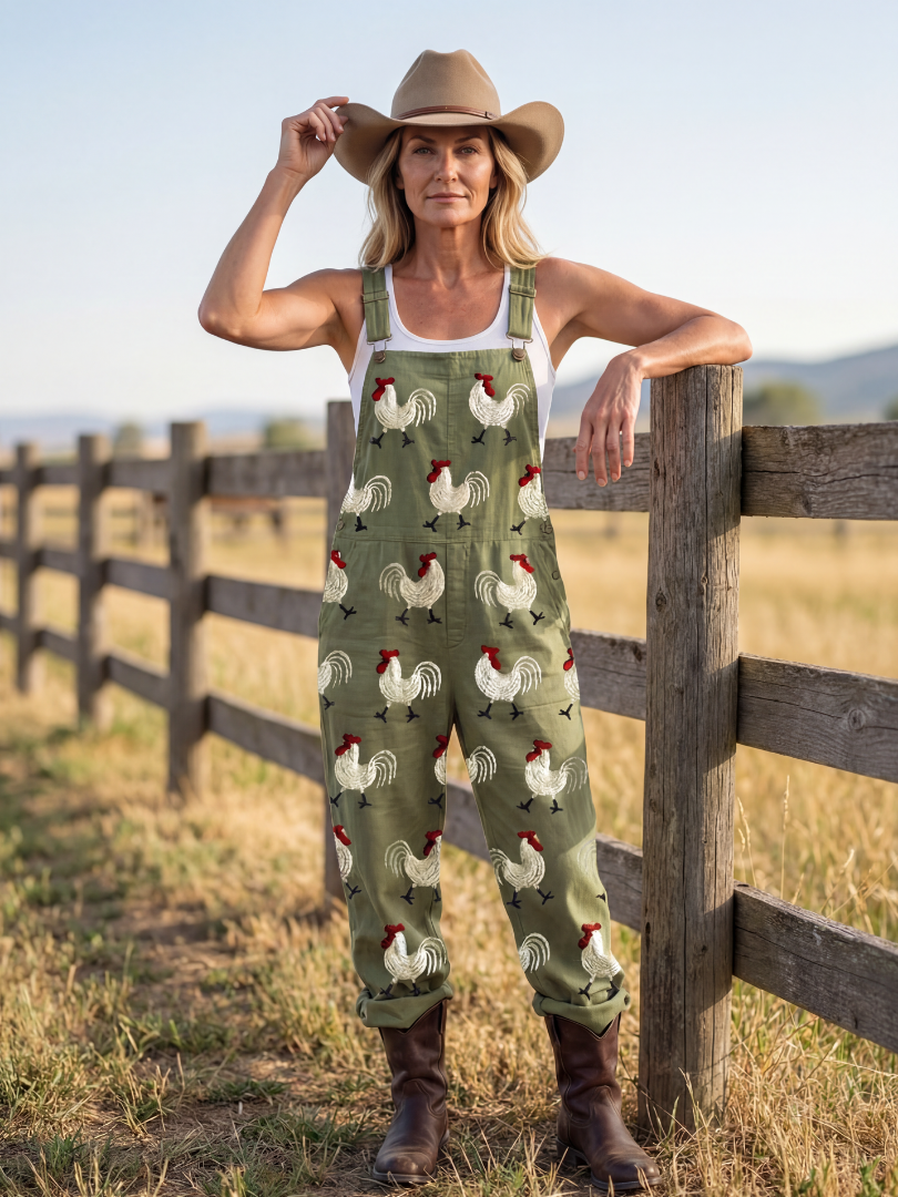 Cassia rooster print bib-front dungarees — side view