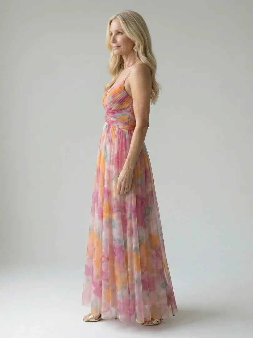 Isel watercolour floral ruched wrap maxi dress — back view