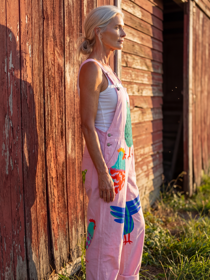 Sanna hen print bib-front dungarees — side view