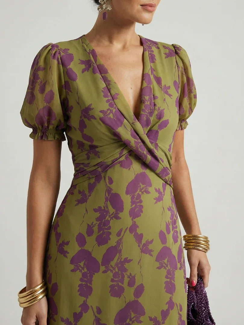 Virel floral puff-sleeve tie-back wrap midi dress — side view