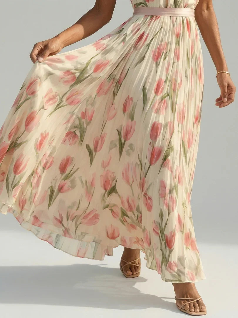 Aurelle floral pleated halterneck maxi dress — side view