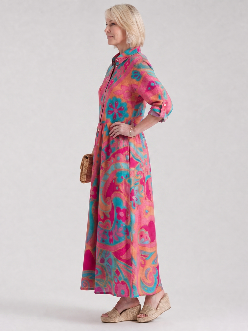 Klera abstract floral button-front kaftan maxi dress — back view