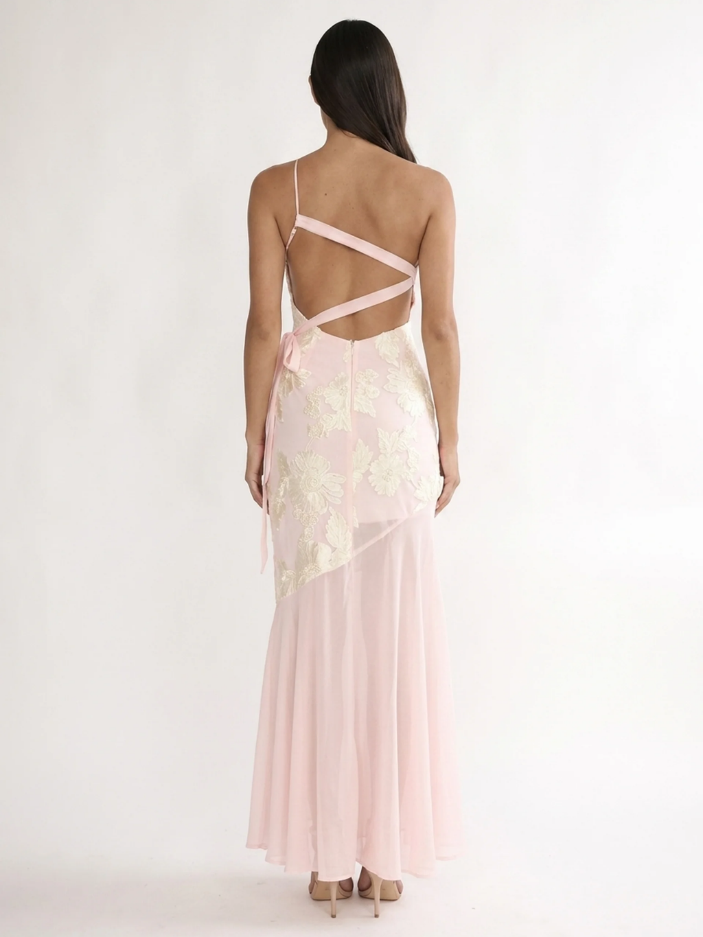 Lila one-shoulder floral applique sheer-hem maxi dress in Pink — back view