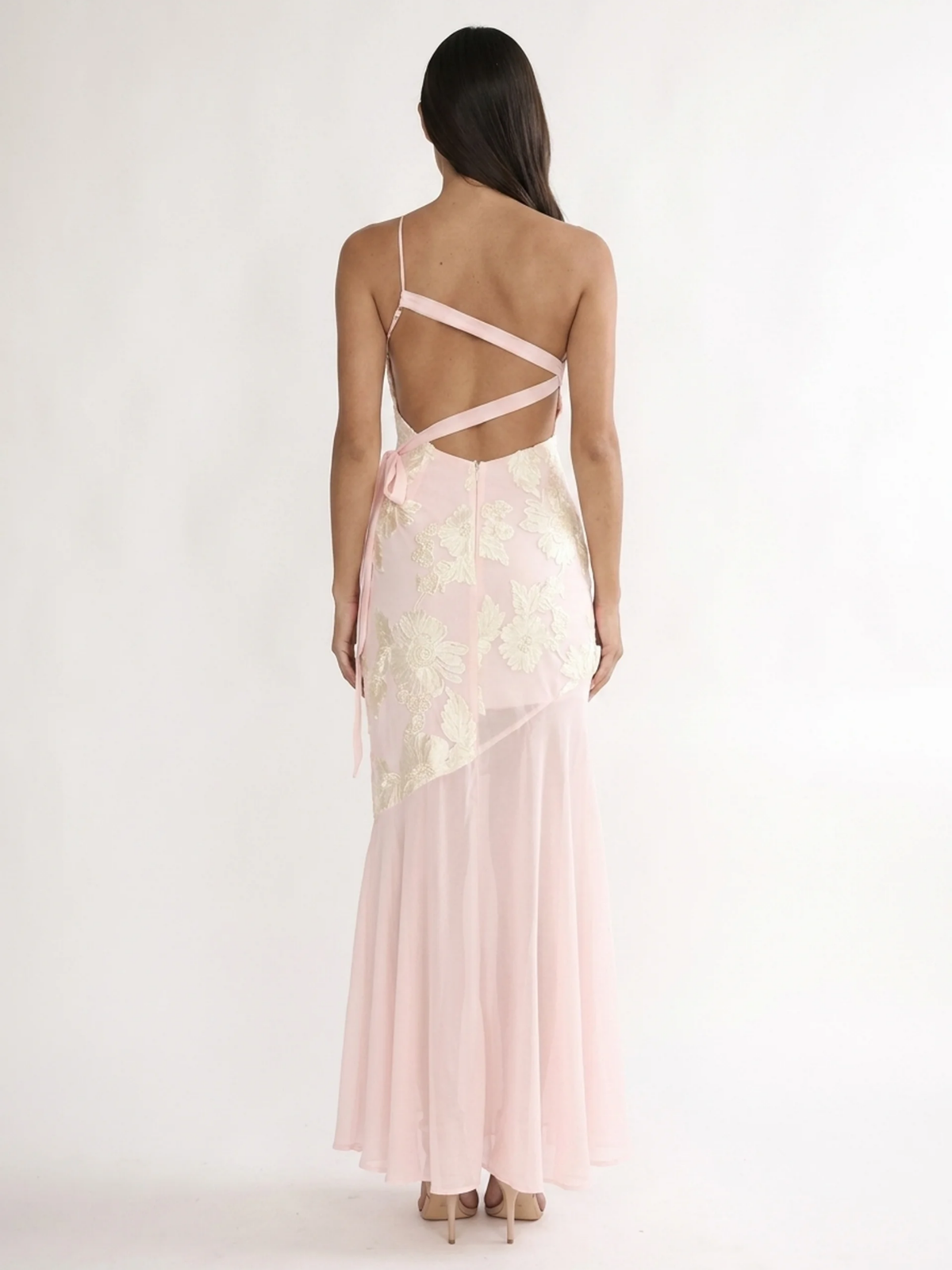 Lila one-shoulder floral applique sheer-hem maxi dress in Pink — back view